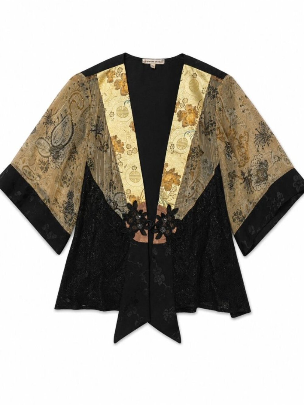 Spencer Alexis Women's Kimono Jacket Black Gold Mixed Print Silk Blend Size 1X